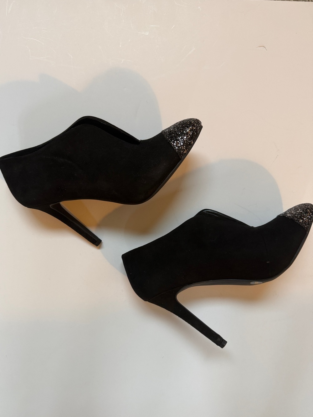 Jessica Simpson Saturn Black Suede Heeled Ankle Boots with Glitter Silver Toe